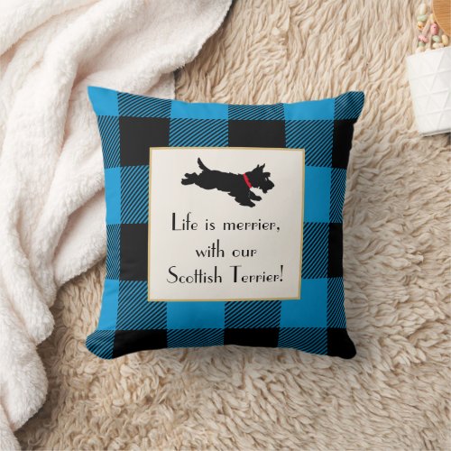 Cute Scottie Dog Buffalo Plaid Blue Throw Pillow
