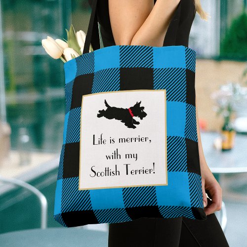 Cute Scottie Dog Buffalo Plaid Blue Tote Bag
