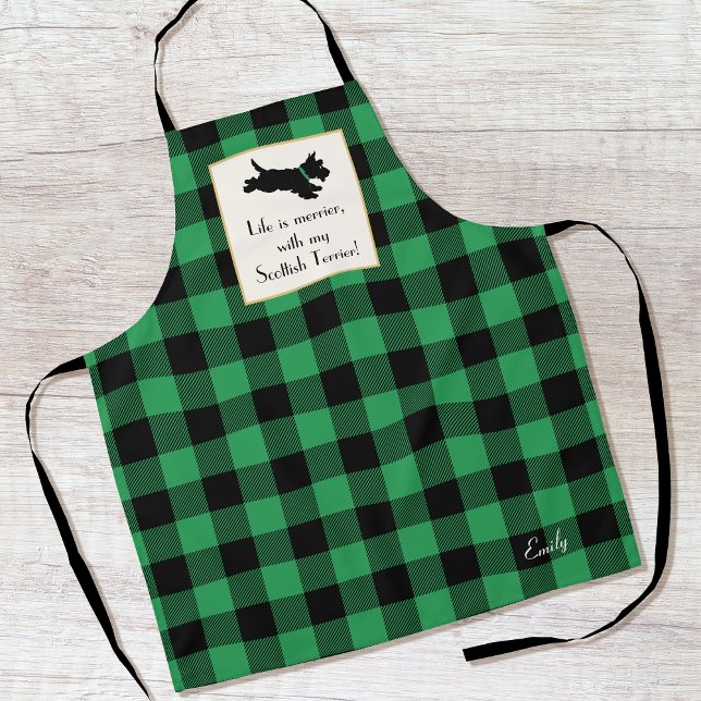 Cute Scottie Dog Buffalo Plaid Green Apron (Creator Uploaded)