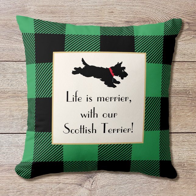 Cute Scottie Dog Buffalo Plaid Green Throw Pillow (Creator Uploaded)