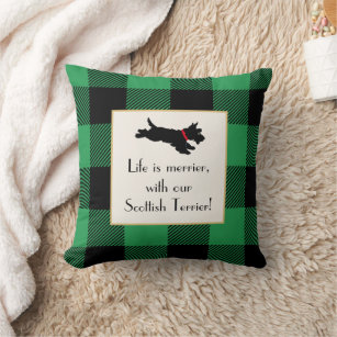 Cute Scottie Dog Buffalo Plaid Green Throw Pillow
