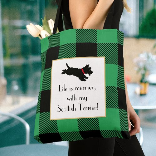 Cute Scottie Dog Buffalo Plaid Green Tote Bag
