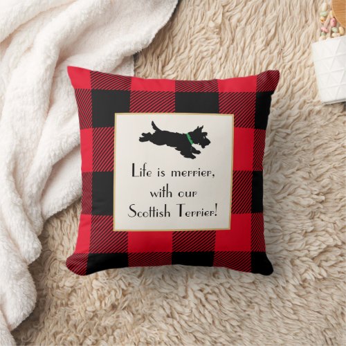 Cute Scottie Dog Buffalo Plaid Red Throw Pillow