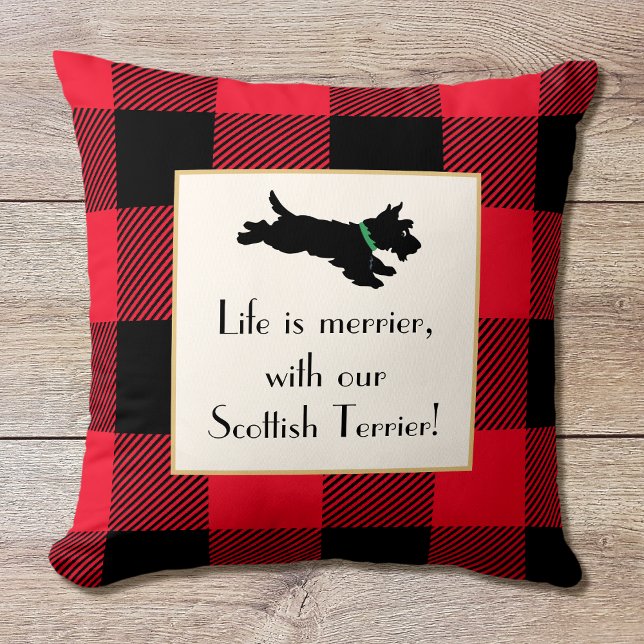 Cute Scottie Dog Buffalo Plaid Red Throw Pillow (Creator Uploaded)