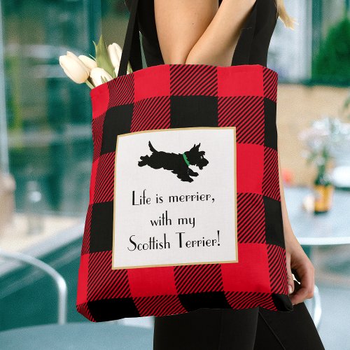Cute Scottie Dog Buffalo Plaid Red Tote Bag