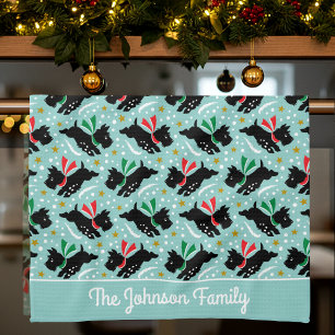 Cute Scottie Dog Family Name Snow Fun Pattern Mint Kitchen Towel