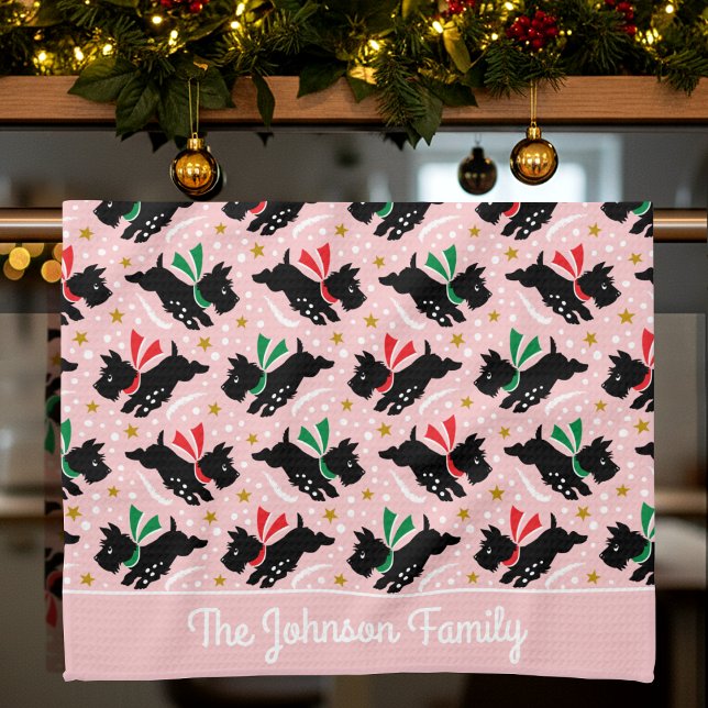 Cute Scottie Dog Family Name Snow Fun Pattern Pink Kitchen Towel (Creator Uploaded)