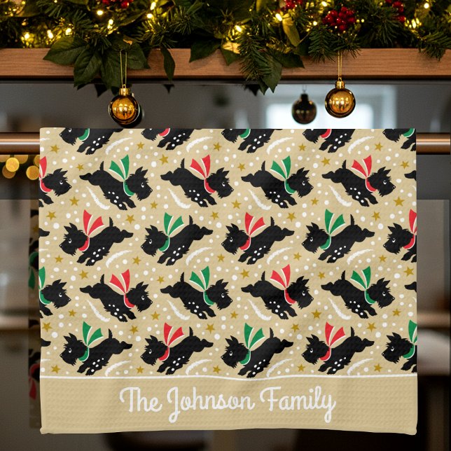 Cute Scottie Dog Family Name Snow Gold Christmas Kitchen Towel (Creator Uploaded)