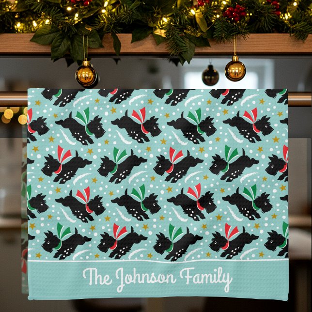 Cute Scottie Dog Family Name Snow Mint Christmas Kitchen Towel (Creator Uploaded)