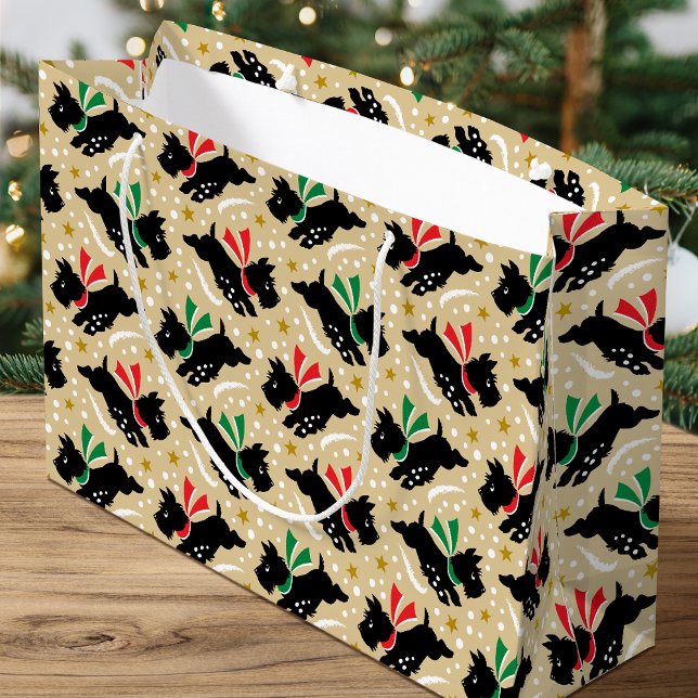 Cute Scottie Dog Fun Snow Pattern Gold Christmas Large Gift Bag (Creator Uploaded)