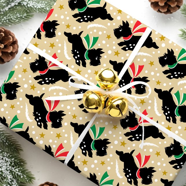 Cute Scottie Dog Fun Snow Pattern Gold Christmas Wrapping Paper (Creator Uploaded)