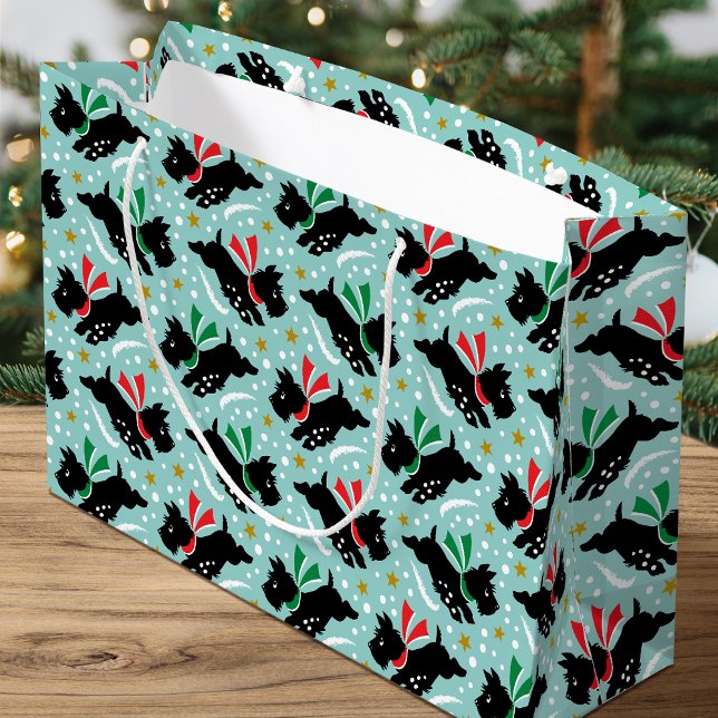 Cute Scottie Dog Fun Snow Pattern Mint Christmas Large Gift Bag (Creator Uploaded)