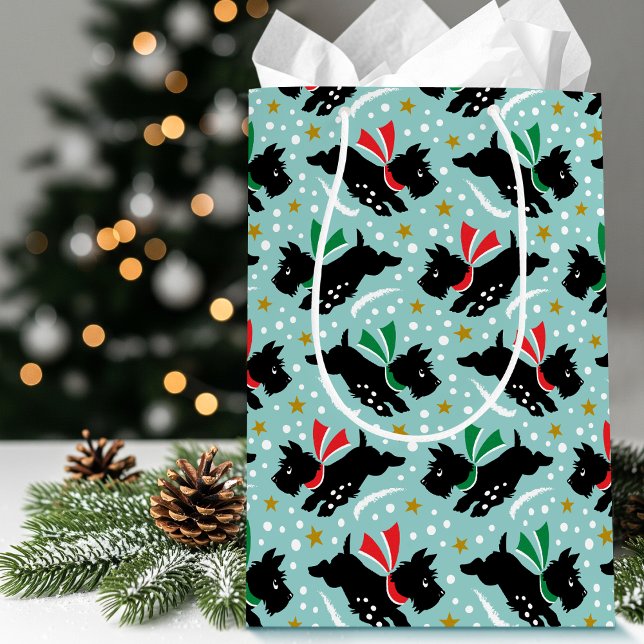 Cute Scottie Dog Fun Snow Pattern Mint Christmas Medium Gift Bag (Creator Uploaded)