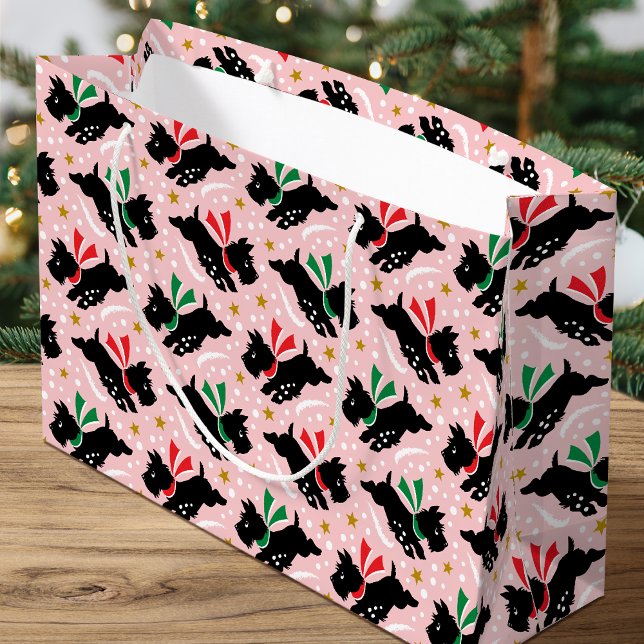 Cute Scottie Dog Fun Snow Pattern Pink Christmas Large Gift Bag (Creator Uploaded)