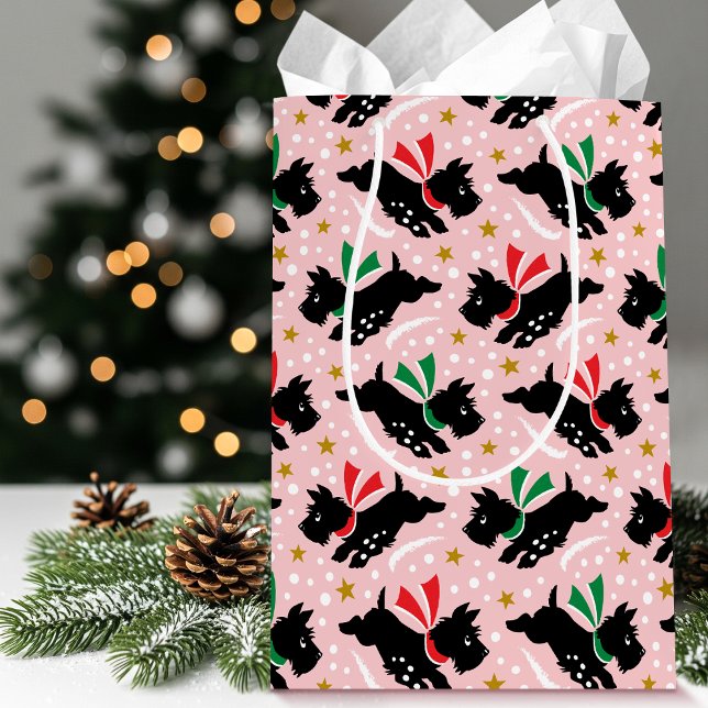 Cute Scottie Dog Fun Snow Pattern Pink Christmas Medium Gift Bag (Creator Uploaded)
