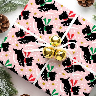 Cute Scottie Dog Fun Snow Pattern Pink Christmas Wrapping Paper