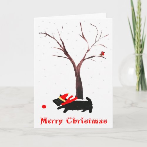 Cute Scottie Dog Robin Christmas Holiday Card