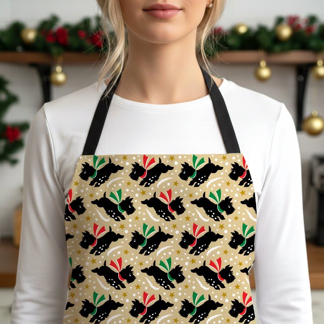 Cute Scottie Dog Snow Pet Pattern Gold Christmas Apron (Creator Uploaded)