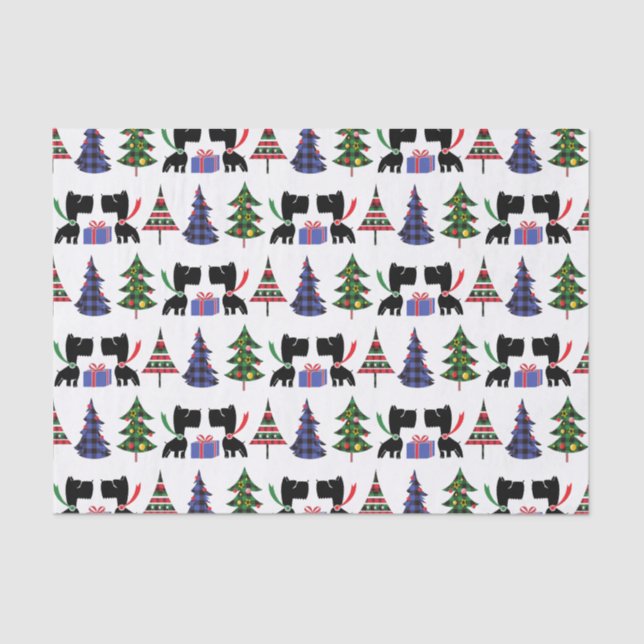 Cute Scottie Dogs and Christmas Trees Pattern Tissue Paper (Front)