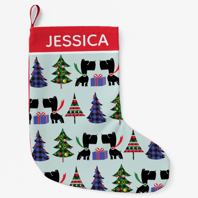 Cute Scottie Dogs and Christmas Trees Personalised Small Christmas Stocking (Front)
