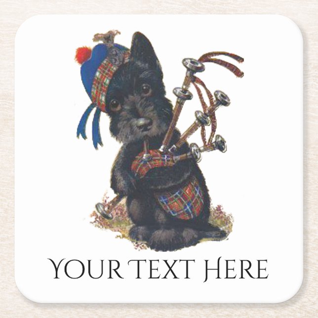 Cute Scottie Playing Bagpipes Personalize Square Paper Coaster (Front)
