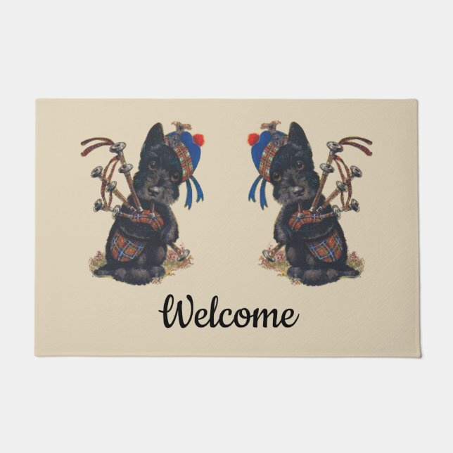 Cute Scotties Playing Bagpipes Personalize Doormat (Front)