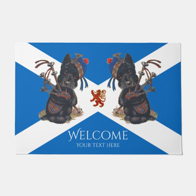 Cute Scotties Playing Bagpipes Personalize Doormat (Front)