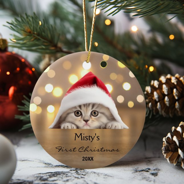 Cute Scottish Fold Cat Santa Hat Gold Personalized Ceramic Ornament (Creator Uploaded)