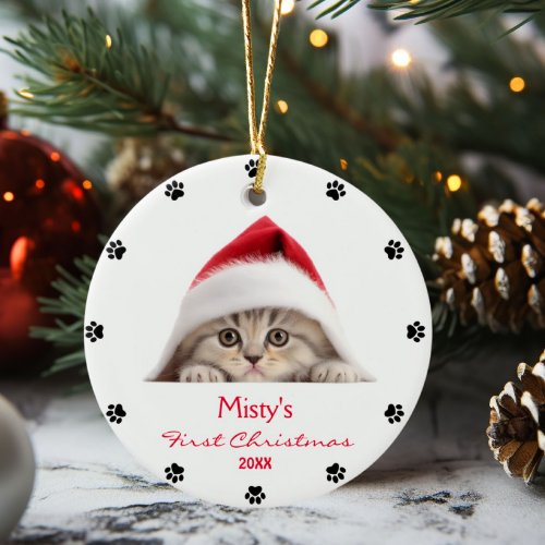 Cute Scottish Fold Cat Santa Hat Paw Personalized  Ceramic Ornament