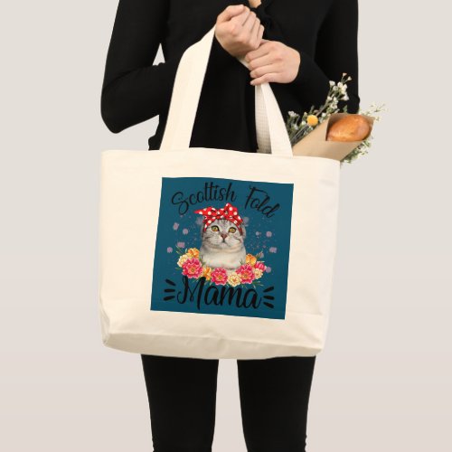 Cute Scottish Fold Mama Flower Cat Lover Mothers Large Tote Bag