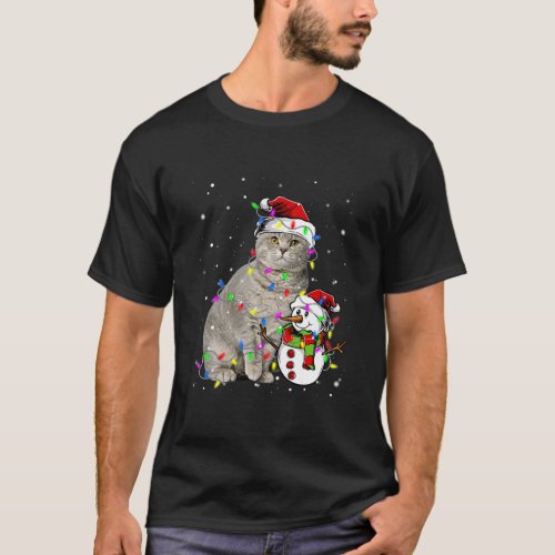 Cute Scottish Fold Santa Hat Christmas Light Xmas T_Shirt