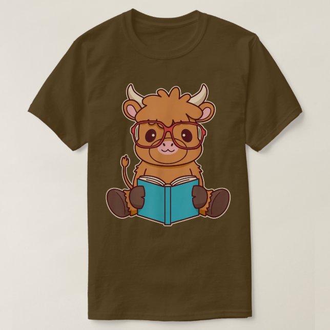 Cute Scottish Highland Cattle Reading A Book  Book T-Shirt (Design Front)