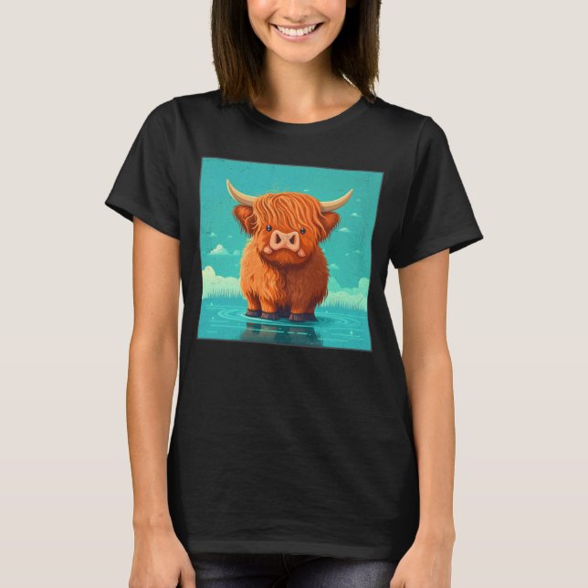 Cute Scottish Highland Cow Illustration Little Hor T-Shirt (Front)