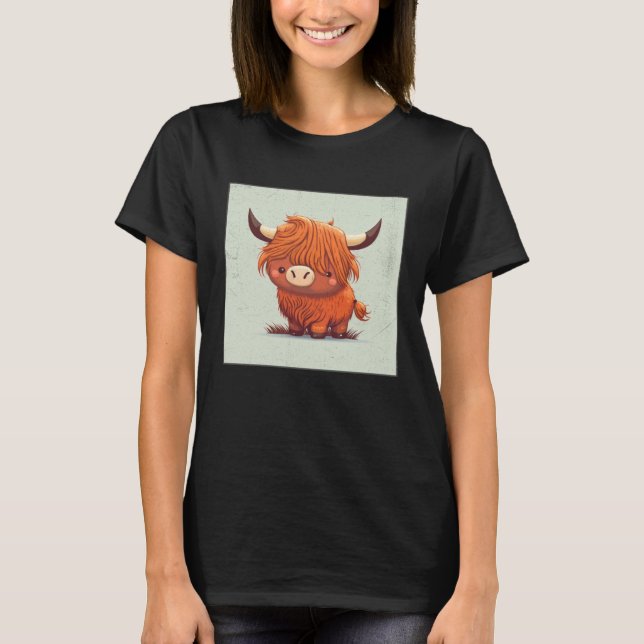Cute Scottish Highland Cow Illustration Little Hor T-Shirt (Front)