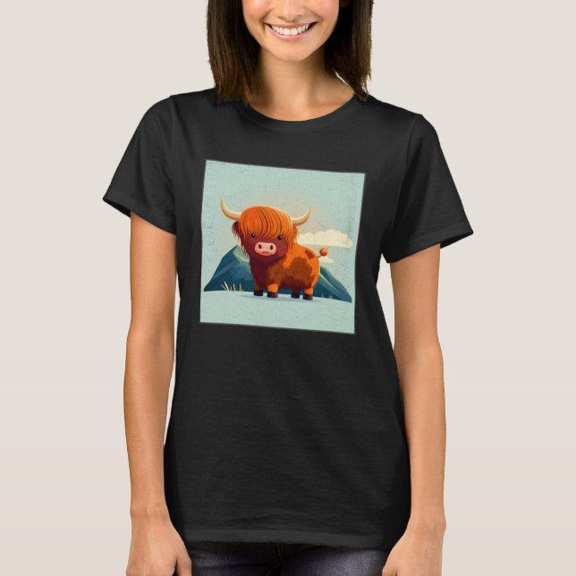 Cute Scottish Highland Cow Illustration Little Hor T-Shirt (Front)