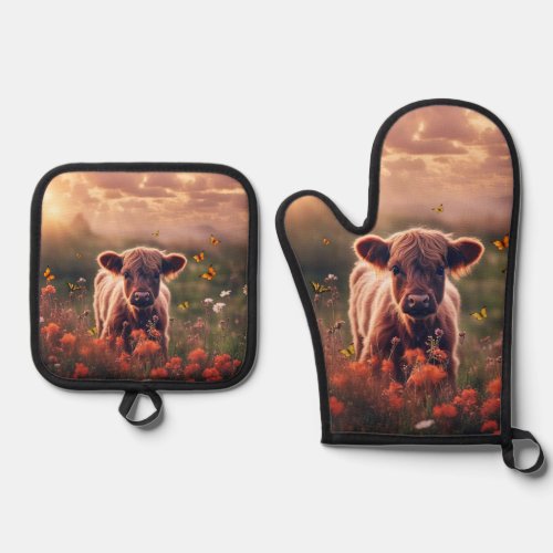 Cute Scottish Highland Cow Oven Mitt  Pot Holder Set