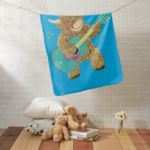 Cute Scottish Highland Cow Plays Guitar   Baby Blanket