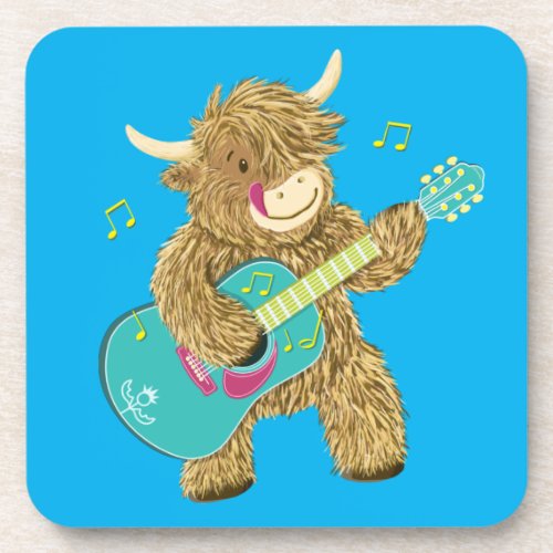 Cute Scottish Highland Cow Plays Guitar  Beverage Coaster
