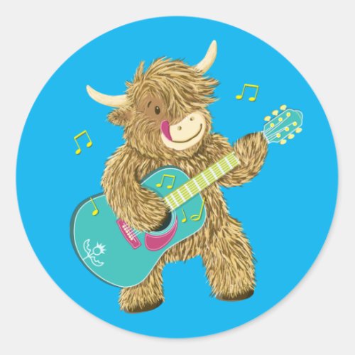 Cute Scottish Highland Cow Plays Guitar Classic Round Sticker