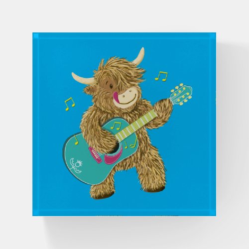 Cute Scottish Highland Cow Plays Guitar  Paperweight