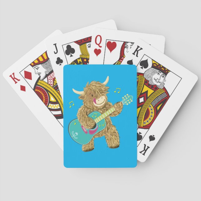 Cute Scottish Highland Cow Plays Guitar    Poker Cards (Back)