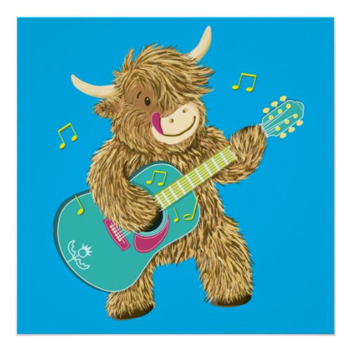 Cute Scottish Highland Cow Plays Guitar   Poster