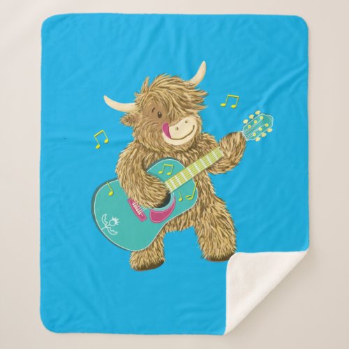 Cute Scottish Highland Cow Plays Guitar   Sherpa Blanket