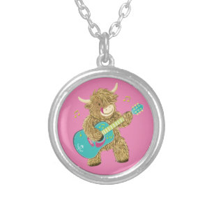Cute Scottish Highland Cow Plays Guitar  Silver Plated Necklace