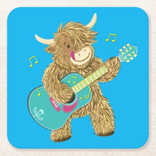 Cute Scottish Highland Cow Plays Guitar Square Paper Coaster