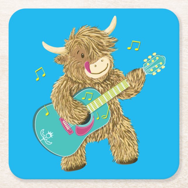 Cute Scottish Highland Cow Plays Guitar Square Paper Coaster (Front)