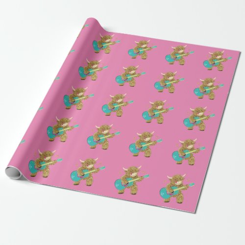 Cute Scottish Highland Cow Plays Guitar    Wrapping Paper