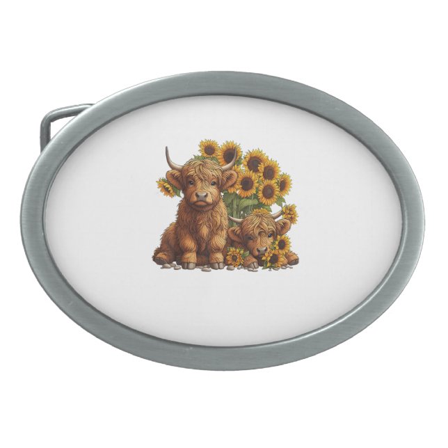 Cute Scottish Highland Cow Sunflower Mothers Day F Belt Buckle (Front)