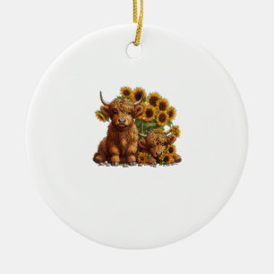 Cute Scottish Highland Cow Sunflower Mothers Day F Ceramic Ornament