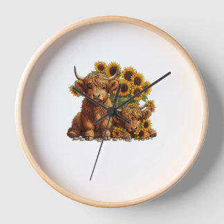 Cute Scottish Highland Cow Sunflower Mothers Day F Clock